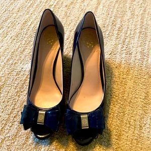Vince Camuto Paten Leather Navy & Gold Wedge Heels